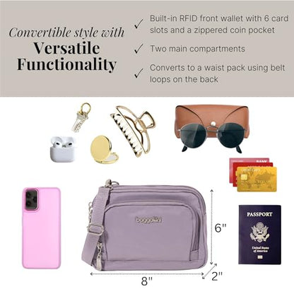 Baggallini Triple Zip with Front Wallet/Trifecta RFID Wallet Crossbody - color: Lilac