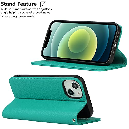 iCoverCase Compatible with iPhone 13 Wallet Case with Credit Card Holder and Wrist Strap, RFID Blocking Genuine Leather Flip Magnetic Phone Cover 6.1 Inch (Blue-Green) - color: 1-Blue-Green (No Headphone Storage Belt), size: iPhone 13