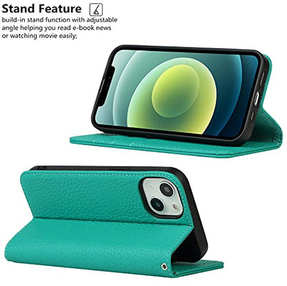 iCoverCase Compatible with iPhone 13 Wallet Case with Credit Card Holder and Wrist Strap, RFID Blocking Genuine Leather Flip Magnetic Phone Cover 6.1 Inch (Blue-Green) - color: 1-Blue-Green (No Headphone Storage Belt), size: iPhone 13