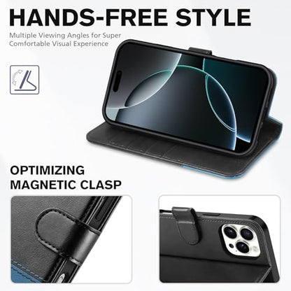 TUCCH Wallet Case for iPhone 16 Pro Max, 4 Card Holders, Black & Light Blue | RFID Blocking, Viewing Stand, Shockproof TPU Shell, PU Leather, Magnetic Closure, Protective Folio Flip Cover - color: Two-tone Black & Light Blue