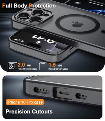 Magnetic Case for iPhone 16 Pro Case with Screen Protector+Wrist Strap | Compatible with MagSafe,Full Camera Protection,Slim Translucent Matte Phone Cover,Black - color: Black