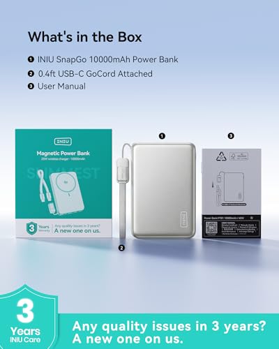 INIU for MagSafe Qi2.2 25W Portable Charger, Slimmest 10000mAh Power Bank - color: White