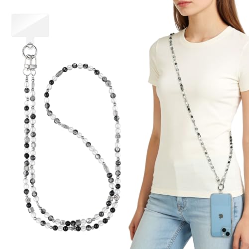 WOZEAH Crystal Cell Phone Lanyard Crossbody Strap for Women, Beaded Phone Strap for Cellphone Case with Tether Tab - color: Black White Vintage