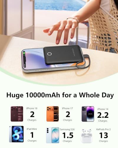 miisso 10000mAh Mini Portable Charger with Built in Cable, Black - color: Black