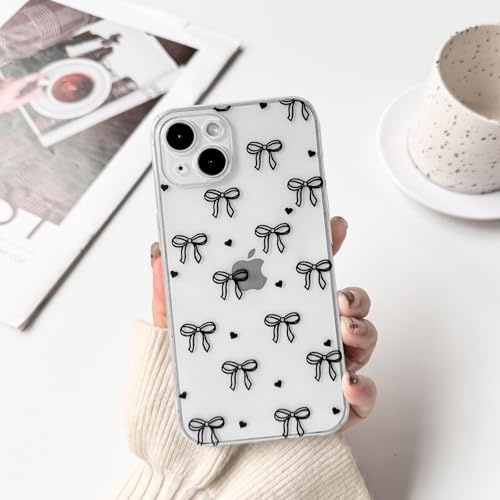 NITITOP Compatible with iPhone 13 Case Clear Cute Bow Ribbon Love Heart Pattern for Women Girls Bowknot Full Camera Lens Soft TPU Slim Shockproof Protective Cover - Black - color: Black, size: iPhone 13