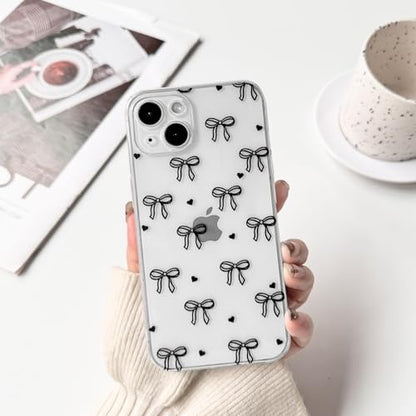 NITITOP Compatible with iPhone 13 Case Clear Cute Bow Ribbon Love Heart Pattern for Women Girls Bowknot Full Camera Lens Soft TPU Slim Shockproof Protective Cover - Black - color: Black, size: iPhone 13