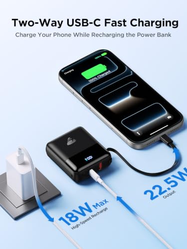 Portable Charger 10000mAh Power Bank Fast Charging, 22.5W USB C Battery Pack with Built-in Cables, Small Portable Charger Travel Essentials Power Bank for iPhone 17 16 15 14, Samsung, iPad, Android