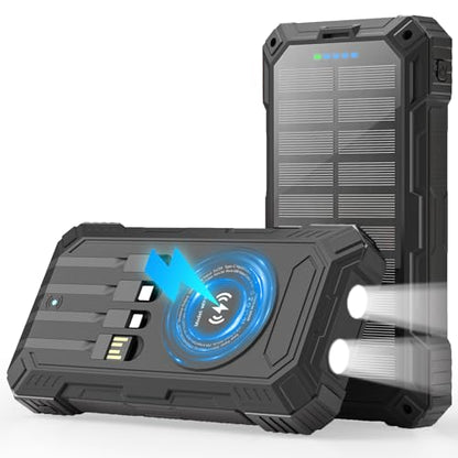 Solar Charger Power Bank 49800mAh Wireless Portable Phone Charger, 22.5W QC3.0 Fast Charging Built in 4 Cables with USB C 6 Outputs & 2 Inputs for All Cell Phone - color: Black