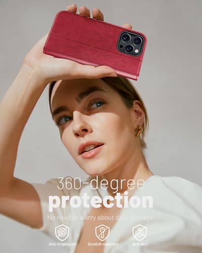 OCASE Compatible with iPhone 16 Pro Wallet Case, PU Leather Flip Folio Case with Card Holders RFID Blocking Kickstand [Shockproof TPU Inner Shell] Phone Cover 6.3 Inch 2024, Red | RFID Blocking, Flip Case, Magnetic Clasp, PU Leather Wallet Case, Kickstand