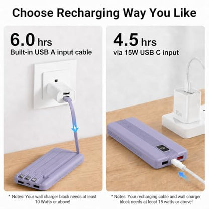 10000mAh Portable Charger with 4 Built-in Cables, 22.5W Fast Charging Power Bank, LED Display, Slim Travel Battery Pack for iPhone 17/16/15/14, Samsung Galaxy, iPad & More - color: Purple