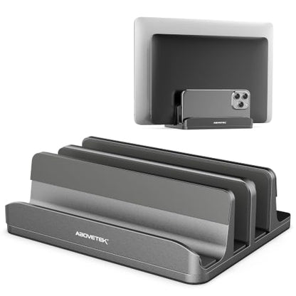 AboveTEK Vertical Laptop Stand, 3 Slots Aluminum Desk Laptop Holder & Laptop Docking Station Stand for MacBook, Tablet, Phone - Universal Fit (Up to 17.3") - Heavy Duty Polished, Anti Slide - Grey - color: Grey