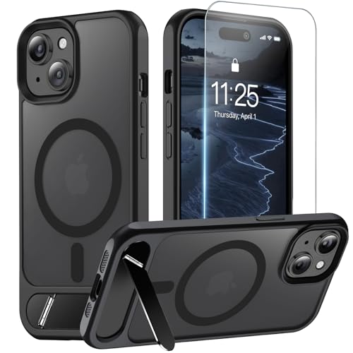 Magnetic for iPhone 15 Case with Stand Black | (Screen Protector)(Compatible with MagSafe)(Military Grade Shockproof) Translucent Drop Protection Matte Slim Phone Case,6.1" - color: Black, size: For IPhone 15