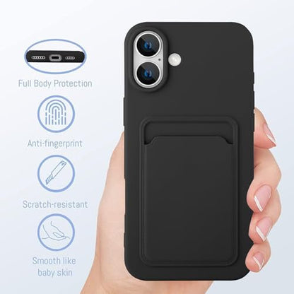 MZELQ Compatible with iPhone 16 Case Card Holder -Black | Wallet Cover,Camera Protection + Screen Protector Soft Card Slot Phone Case - color: Black, size: iPhone 16