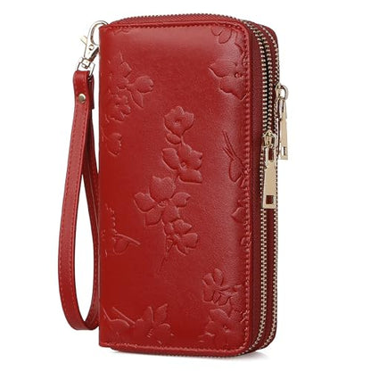 yiijay Womens Wallet RFID Blocking Large Capacity Vegan Leather Double Zip Wristlet Wallet Card Holder Travel Ladies Clutch - color: Red