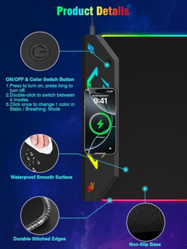 Gaming Mouse Pad RGB, 35"x15.8" Large Keyboard Desk Mat with Magnetic Wireless Charging for iPhone, 24 Light Effects, Non-Slip Base, Waterproof Ultra-Smooth Surface, with Adapter, Black