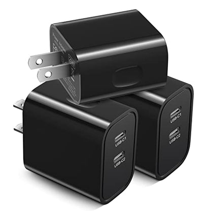USB C Wall Charger 3 Pack, Costyle 20W Dual Double Port USB C Charger Block - color: Black