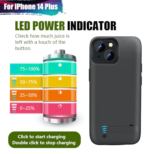 Battery Case for iPhone 14 Plus, 5000mAh Rechargeable Extended Battery Charging Charger Case, Add 100% Extra Juice (6.7 Inches) Black