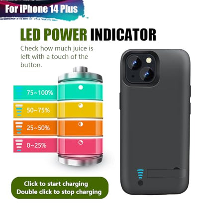 Battery Case for iPhone 14 Plus, 5000mAh Rechargeable Extended Battery Charging Charger Case, Add 100% Extra Juice (6.7 Inches) Black