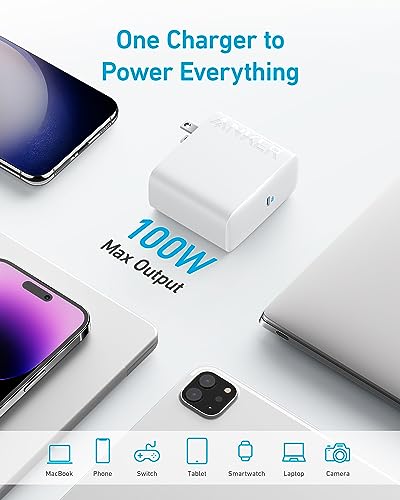 Anker Laptop Charger, Compact Foldable 100W USB C Charger with 5FT Cable - color: Arctic White