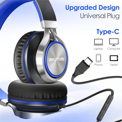 INFURTURE USB C Headphone for Kids & Adults Over-Ear Headphone with HD Mic - color: Blue