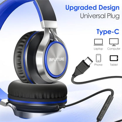 INFURTURE USB C Headphone for Kids & Adults Over-Ear Headphone with HD Mic - color: Blue