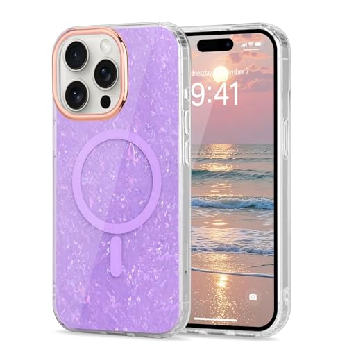 for iPhone 14 Pro Cute Girly Women Case Sparkle Seashell,Purple | Compatible with Magsafe Slim Colorful Sparkle Seashell Pattern Translucent Cover Soft TPU Protective Magnetic Bumper Case - color: Purple, size: iPhone 14 Pro