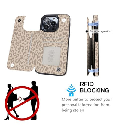 Compatible with iPhone 16 Pro Wallet Case with Card Holder, Back Flip Folio PU Leather Kickstand Card Slots Case for Women Girls, Double Magnetic Clasp Cover 6.3 Inch (Beige Leopard) - color: Beige Leopard, size: iPhone 16 Pro 6.3 inch