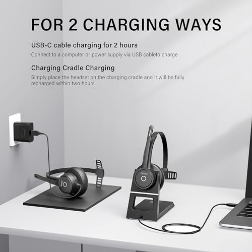 Bluetooth Headset with Noise Cancelling Microphone: Wireless Headphones with Mic Mute Charging Dock and USB Dongle for Work from Home/Office/PC/Computer/Laptop/Call Center/Zoom/Teams