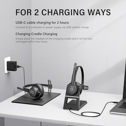 Bluetooth Headset with Noise Cancelling Microphone: Wireless Headphones with Mic Mute Charging Dock and USB Dongle for Work from Home/Office/PC/Computer/Laptop/Call Center/Zoom/Teams