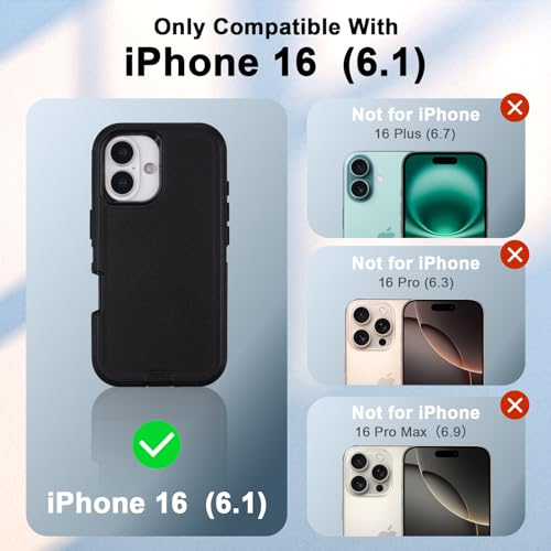 for iPhone 16 Case with Belt Clip Holster + Screen Protector, Black | Heavy Duty Drop Protection, 3-Layer Rugged Shockproof Anti-Drop Full Body Protective Case for iPhone 16 6.1 Inch - color: Black