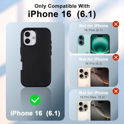 for iPhone 16 Case with Belt Clip Holster + Screen Protector, Black | Heavy Duty Drop Protection, 3-Layer Rugged Shockproof Anti-Drop Full Body Protective Case for iPhone 16 6.1 Inch - color: Black