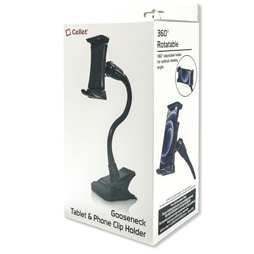 Gooseneck Flexible Cell Phone Holder and Tablet Mount with Clamp. Clip-On Stand for Bedroom Desktop Kitchen Office Car Compatible for iPad Pro Air Mini, Galaxy Smartphones iPhones, Google Pixels