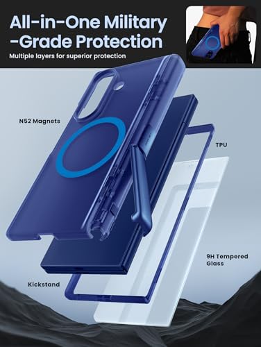 i-Blason for Samsung Galaxy Z Fold 7 Case MagSafe with Stand [9H+ Tempered Glass Screen Protector] [Hinge Protection] Wireless Charging Full-Body Protective Kickstand Case for Z Fold 7, Blue - color: Blue