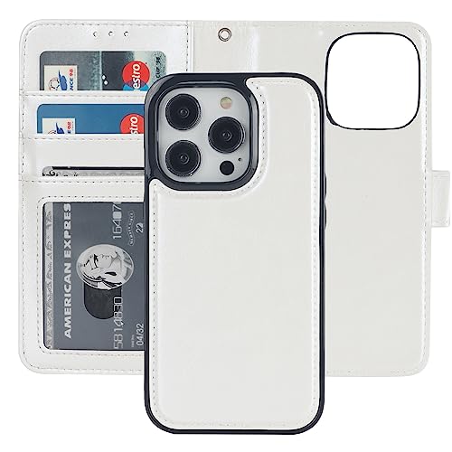 Bocasal Detachable Wallet Case Card Holder for iPhone 14 Pro, White | RFID Blocking Kickstand Card Slots Holder PU Leather Magnetic Shockproof Wrist Strap Removable Flip Protective Cover 6.1 inch - color: White