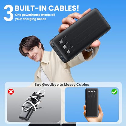 Portable Charger 50800mAh Power Bank with 3 Built in Cables,25W PD QC4.0 Fast Charging USB C Battery Pack,6 Outputs 2 Inputs Travel Essentials Portable Phone Charger for iPhone 18/17/16/15/Pro,Android - color: Black