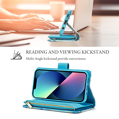UEEBAI Case for iPhone 13 6.1 inch, PU Leather Wallet Retro Shockproof Flip Case Cover with Card Slots Stand Function, Magnetic Closure - Blue# - color: Marble Blue