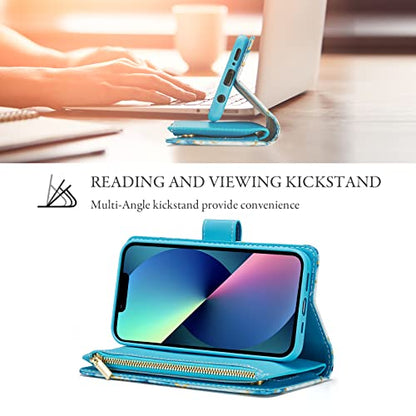 UEEBAI Case for iPhone 13 6.1 inch, PU Leather Wallet Retro Shockproof Flip Case Cover with Card Slots Stand Function, Magnetic Closure - Blue# - color: Marble Blue
