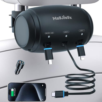 MAGJIEYX Multi Retractable Car Charger Station, Headrest 3 in 1 Charging Box Share Ride Dock for Backseat with Fast 38W Charger Adapter for All Phones|iPhone17/16/15/14|Samsung|iPad|Android - color: Gunmetal Gray