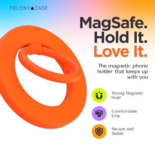 FELONY CASE - Neon Orange Ring Grip and Stand - Version 2.0- Improved Stronger Magnet, Magnetic Phone Ring Holder for MagSafe Compatible iPhone 17, 16, 15, 14, 13, 12, Pro, Pro Max Air-Drop Protection - color: Neon Orange