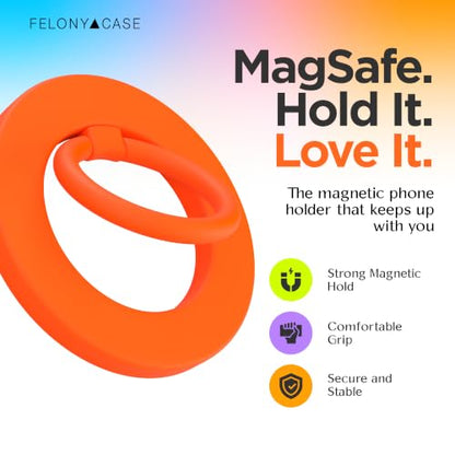 FELONY CASE - Neon Orange Ring Grip and Stand - Version 2.0- Improved Stronger Magnet, Magnetic Phone Ring Holder for MagSafe Compatible iPhone 17, 16, 15, 14, 13, 12, Pro, Pro Max Air-Drop Protection - color: Neon Orange