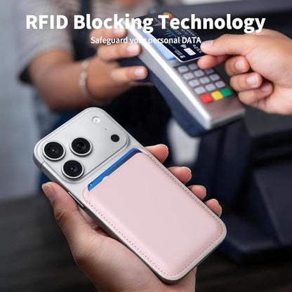 Magnetic Wallet Cell Phone Card Holder for Phone Case with Mag-Safe | Stronger Magnetic RFID Leather Phone Wallet Stick on Series of iPhone 17/16/15/14/13/12 and Pro/Promax, Blush Pink - color: Blush Pink, size: 1 Pack