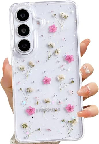 LSEEKA for Samsung Galaxy S26+ Clear Case with Pressed Real Dried Pink Flower Design,Transparent Glitter Cute Floral Slim Soft TPU Protective Phone Cover for Samsung Galaxy S26+ - color: Pink, size: for Samsung Galaxy S26+