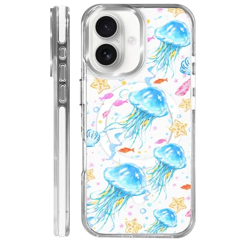 VisEnt Clear Case for iPhone 16, Magnetic Phone Case, Transparent Slim Cover, Military Grade Protection, Shockproof, Anti-Yellowing, Scratch Resistant, Blue Jellyfish Ocean - color: Blue Jellyfish Ocean, size: Iphone 16