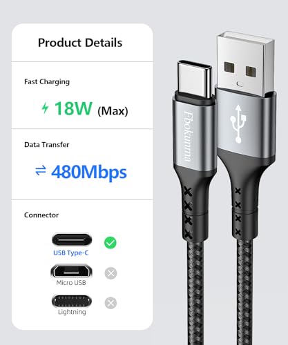 Short USB C Cable 1.6FT 3Pack, 20inch 3A USB A to USB C Cable Fast Charging Data Sync Braided Compatible with iPhone15/15Pro/15Pro Max/15Plus, Galaxy S23/S22/S21, Note10/9（Grey） - size: 1.6FT
