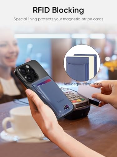 TopMade Phone Card Holder, Leather Phone Wallet Stick on with Stand, Open ID Window, Strongest 3M Adhesive Credit Card Holder for Back of Phone Case, iPhone, Samsung, and Android, Fit 6 Cards, Blue - color: Dark Blue