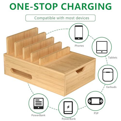 Bamboo Multi Device Charging Station Organizer with Drawer & Tray, Desk Docking Station Includes 6 Cables for iPhone, Cell Phones, Tablets, Power Banks for Home Office Nightstand (No USB Charger)