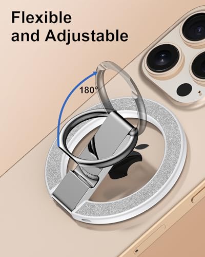 iPhone 17 Magnetic Phone Stand Ring Holder, MagSafe Finger Ring Magnet Grip - color: Silver Bling