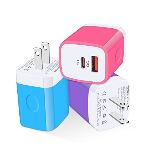 USB C Wall Charger, 2-Ports 20W USB A and USB C Charger Block [PD/QC 3.0] - color: rose-red,blue,purple