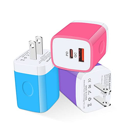USB C Wall Charger, 2-Ports 20W USB A and USB C Charger Block [PD/QC 3.0] - color: rose-red,blue,purple