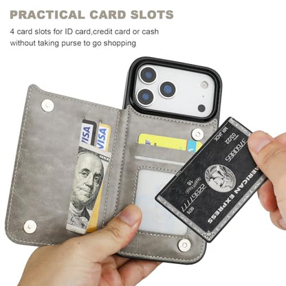 ONETOP for iPhone 17 Pro Max Wallet Case with Credit Card Holder,Gray | Kickstand,ID/Cash Holder,Case Wallet with Card Slots,Double Magnetic Clasp,Durable PU Leather Shockproof Cover for Women Men - color: Gray